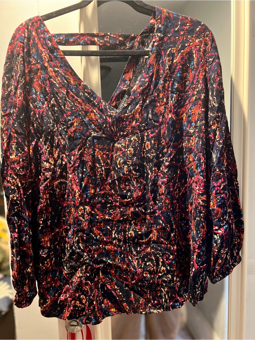 Women’s Multicolor V-Neck Blouse - Navy with Pink & Orange Accents